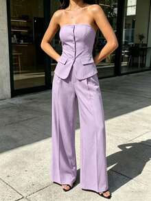 Strapless Bustier Set With Wide Leg Pants - Elegant Style For Women - Lilac Purple - View 5