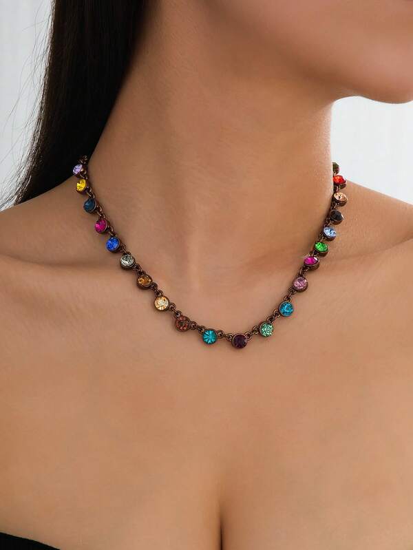 1pc Fashionable Elegant Colorful Glass Gemstone Inlaid Short Dazzling Necklace Suitable For Women's Daily, Party, Travel Wear