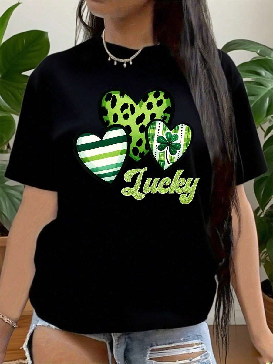 Vintage Women's T-Shirt With Green Heart Design And Lucky Text For St. Patrick's Day Celebrations - Summer Tops - 黑色 - 查看 1