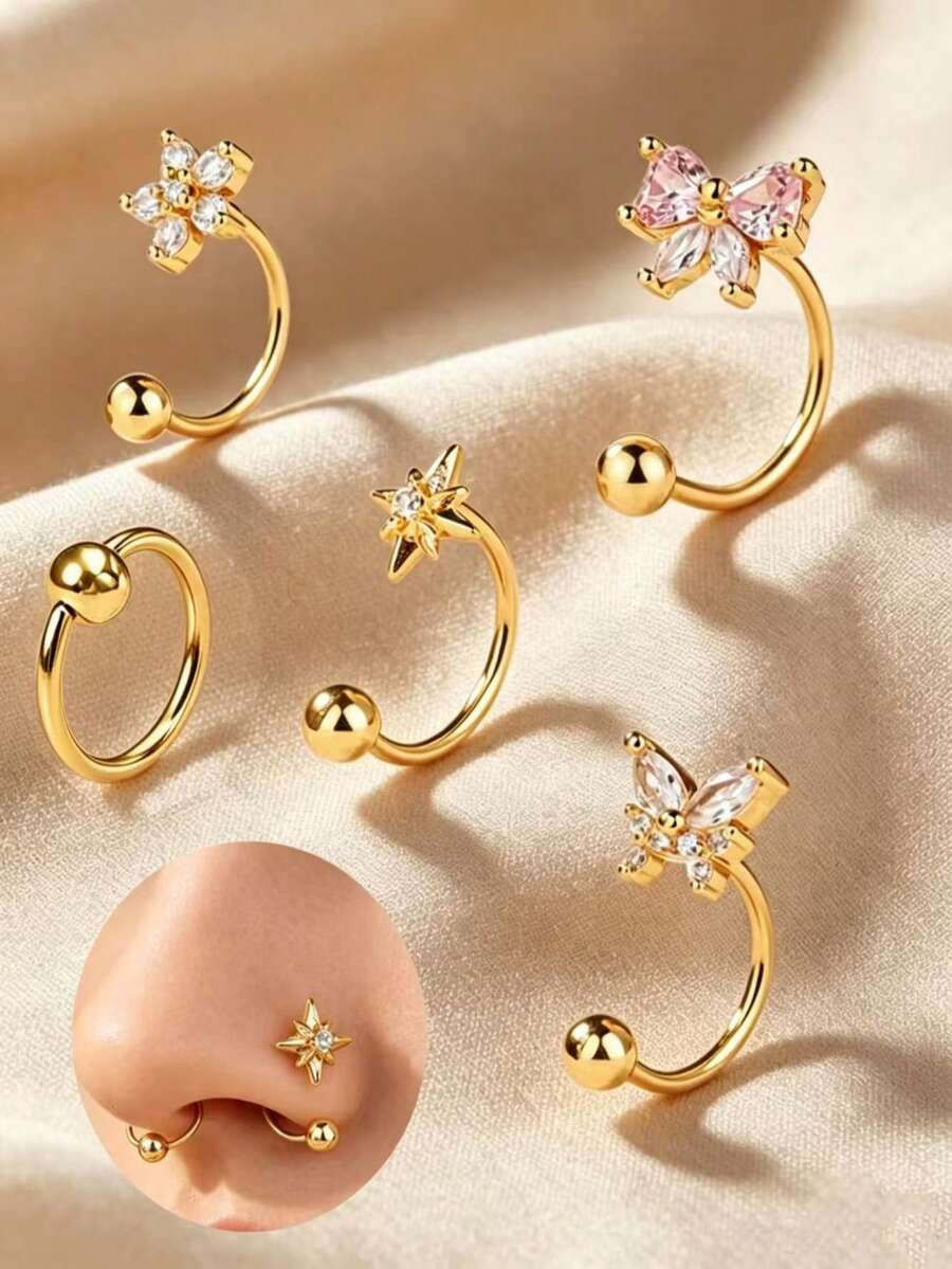 5pcs/1pc Bow Star Flower Jewelry Nose Ring Gold Open Nose Hoop, Rotating Ball End Nose Piercing Jewelry, Suitable For Women - Butterfly - View 1