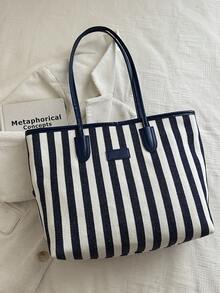 Striped Large Capacity Tote Bag For Women, New Minimalist Versatile Commuter Shoulder Bag, Fashion Casual Handbag - Blue - View 8
