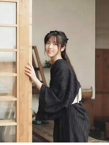 1 pieza Kimono tradicional japonés negro con rayas finas, bata larga, disfraz COSPLAY, accesorio para juego de rol, otoño - Negro - Ver 4