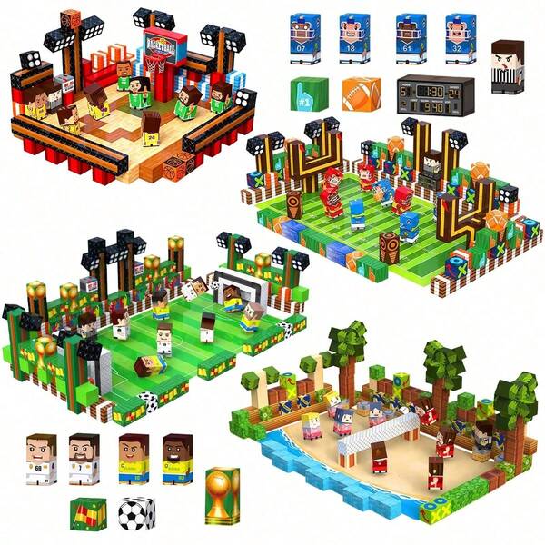 סט לבני בנייה בנושא ספורט, 2CM-96PCS DIY כדורגל & כדורסל & פוטבול אמריקאי & כדורעף חוף, צעצוע הרכבה של סצנה, בלוקים חינוכיים לערימה לילדים
