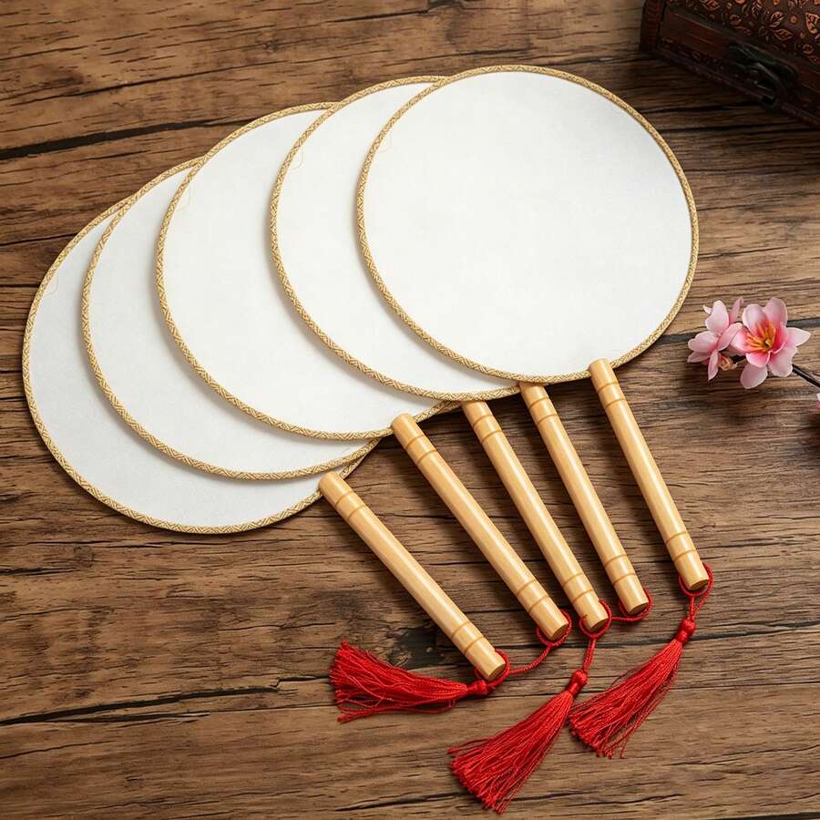 DIY Blank Round Palace Fans, Bamboo Handle Empty Handheld Fan For Art Calligraphy, 2PCS/5PCS Multiple Package Choices - Multicolor - View 1