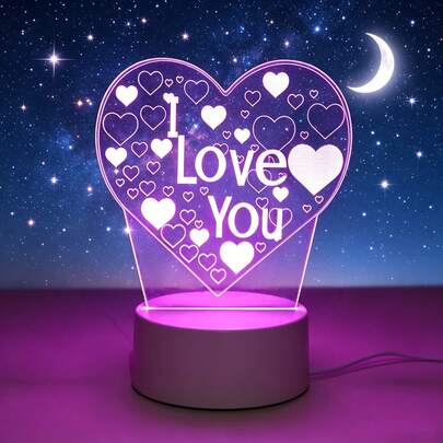 1 st rosa hjärtformad 3D LED-nattlampa med "I Love You", stämningshöjare, lämplig för sovrum, bar, present, vardagsrum m.m.