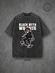 1 Piece Of Men's Clothing; Summer T-Shirts, Gym To Street Style, Skater Monkey Graffiti Print T-Shirt Inspired By Black Myth, Vintage Oversized Washed T-Shirt - 黑色 - 查看 1
