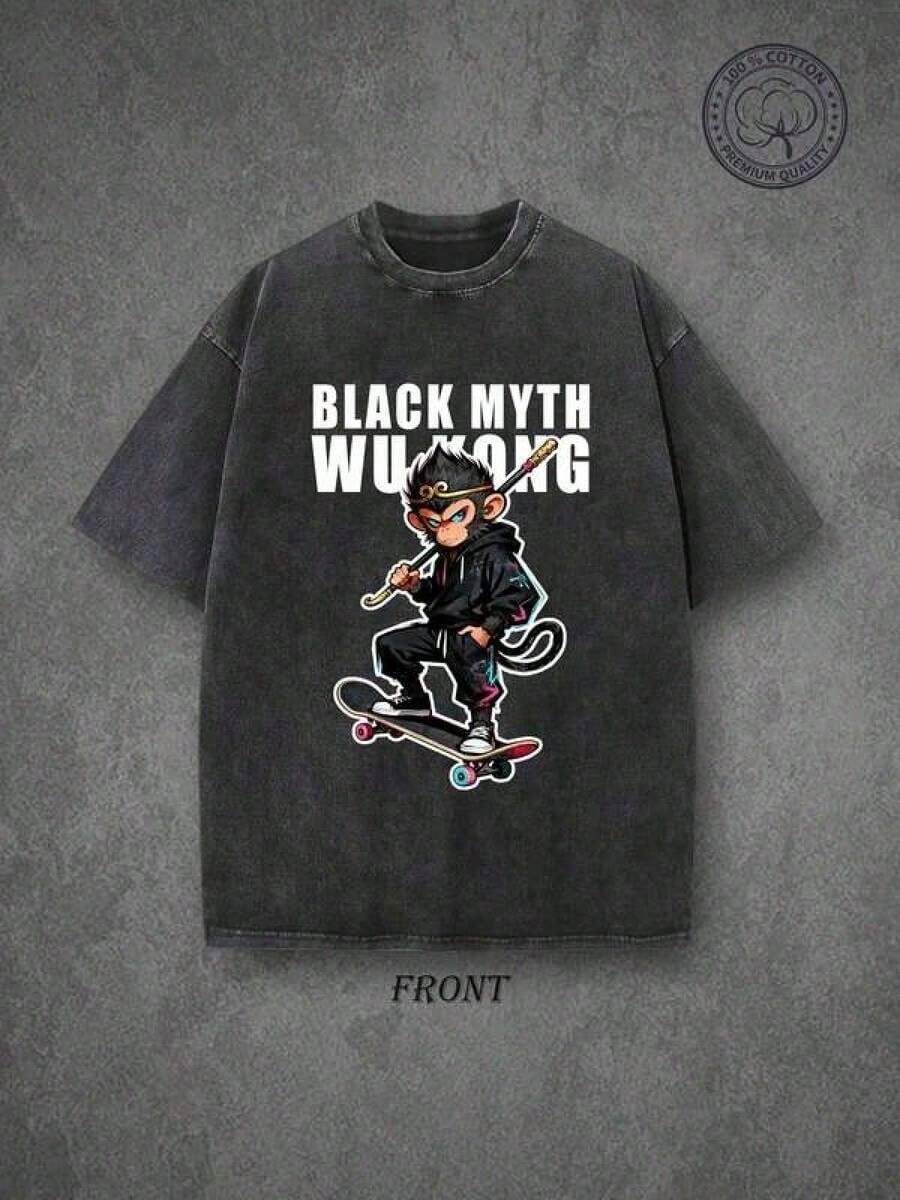 1 Piece Of Men's Clothing; Summer T-Shirts, Gym To Street Style, Skater Monkey Graffiti Print T-Shirt Inspired By Black Myth, Vintage Oversized Washed T-Shirt - 黑色 - 查看 1