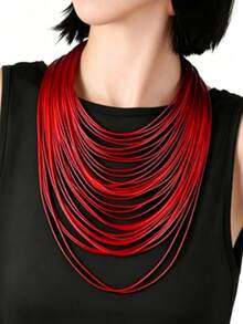 Multi-Layer Handmade Wax Thread Zinc Alloy Magnetic Clasp Braided Leather Cord Necklace, Bohemian Choker Casual Accessory - Red - View 3