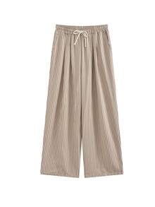 Pantalones holgados de cintura alta con rayas y pierna ancha, cintura con cordón, versátiles (rayas aleatorias) - Café integral - Ver 5