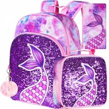 3 Pieces Girls Purple Mermaid Tail Scale Print Reversible Sequin Material Adjustable Straps Cute Style Backpack Set For Back-To-School & Daily Travel - Fish Tail - View 12