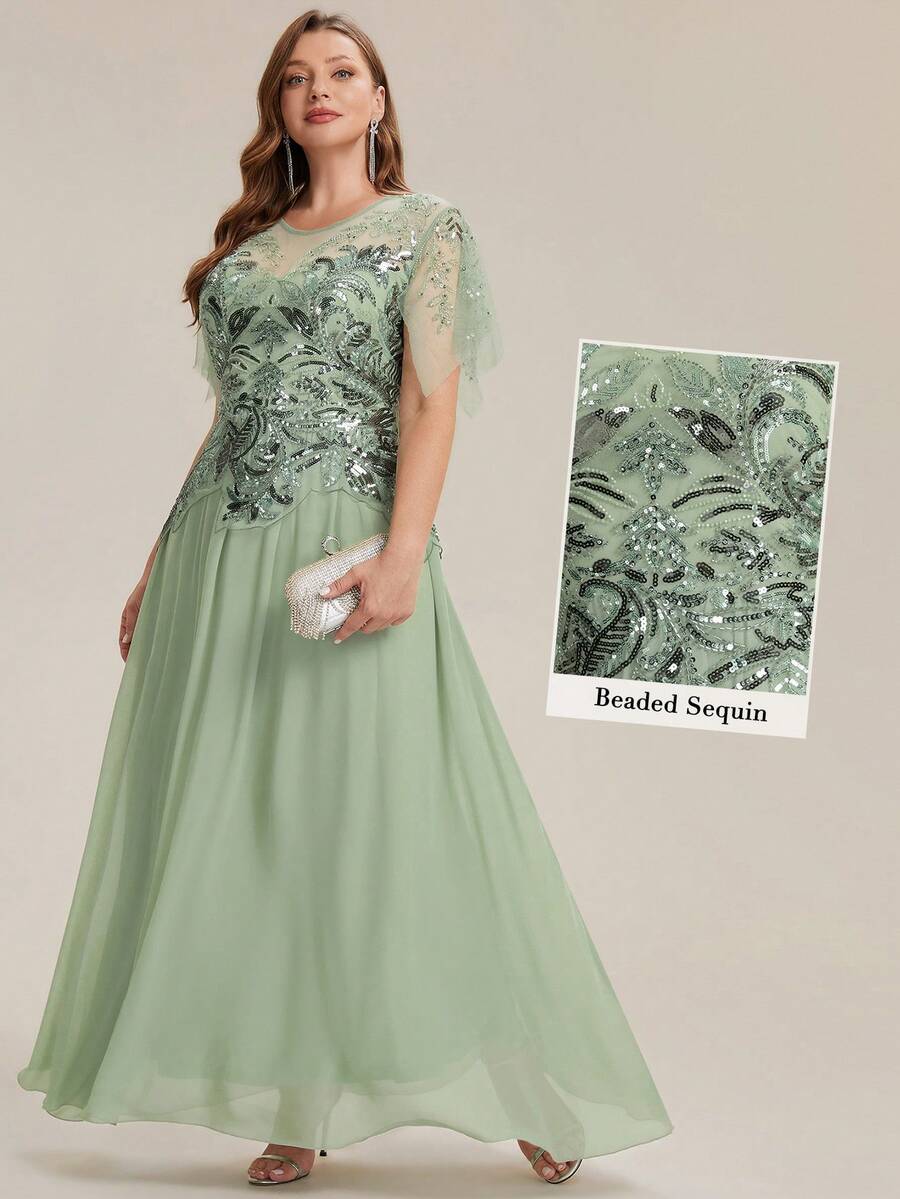 EVERPRETTY Vestido de noche largo formal elegante para mujer talla grande con patchwork de lentejuelas, gasa, lentejuelas y bordado, adecuado para baile de graduación, fiesta de noche, boda - verde menta - Ver 1