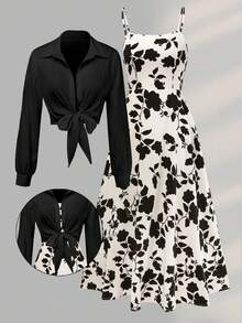 女款優雅黑白印花洋裝與長袖外套兩件套，約會穿搭、通勤套裝、休閒度假穿著 - 黑色 - 查看 5