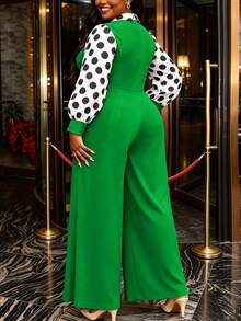 AOMEI Combinaison Grande Taille Femme Élégante Verte à Pois Manches Longues Taille Haute Jambes Larges Bureau Fête Formelle Affaires Tenue de Travail Femme Rentrée Scolaire Saison de Remise des Diplômes Présentation Affaires Lieu de Travail Trajet Fête Costume Affaires Formel - Vert - Voir 3