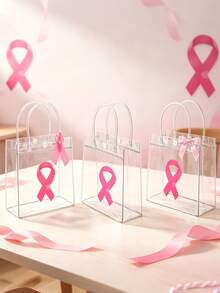 6pcs Breast Cancer Awareness Gift Bags With Pink Ribbon Pins&Bow Pink Ribbon Party Transparent PVC Gift Wrapping Bags With Handle For Breast Cancer Awareness Month Charity Party Favors - Clear - View 5