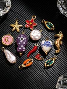 3/5/10 piezas Colgantes de acero inoxidable chapados en oro de 18K con formas de corazón, chile, concha y talla grande para hacer collares y pendientes, adecuados para uso diario - colgante - Ver 6