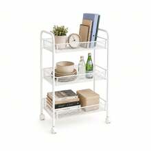 Inde CONFORTIME | Carrito Auxiliar con Ruedas 3 Niveles, Estantería Metálica Blanca con Cestas de Rejilla y Ganchos, Carrito de Cocina y Verdulero, Mueble Auxiliar de Baño para Almacenaje del Hogar - 3 Niveles Blanco - Ver 2