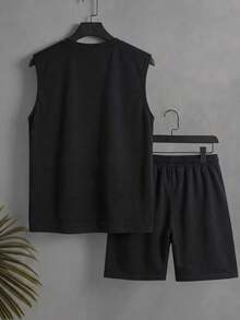 Conjunto de camiseta de tirantes de cuello redondo y pantalones cortos casuales de verano para hombre - Negro - Ver 6