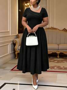 Women's Elegant Asymmetric Collar Fold Decor Short Sleeve Waist Flared A-Line Dress, Suitable For Dates, Work, And Commuting - Black - View 6