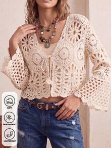Women's Summer Bohemian Crochet Cover Up, Handmade Hollow Knit Cover-Up, Flare Sleeve & Front Tie | Festival Outfit, Beach Vacation Layering - Apricot - View 3