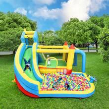 Castillo hinchable infantil, castillo hinchable 5 en 1 para niños de 3 a 10 años, castillo hinchable exterior con tobogán, zona de salto, piscina y portería de fútbol, tamaño hinchable: 364*315*239 cm - azul - Ver 1