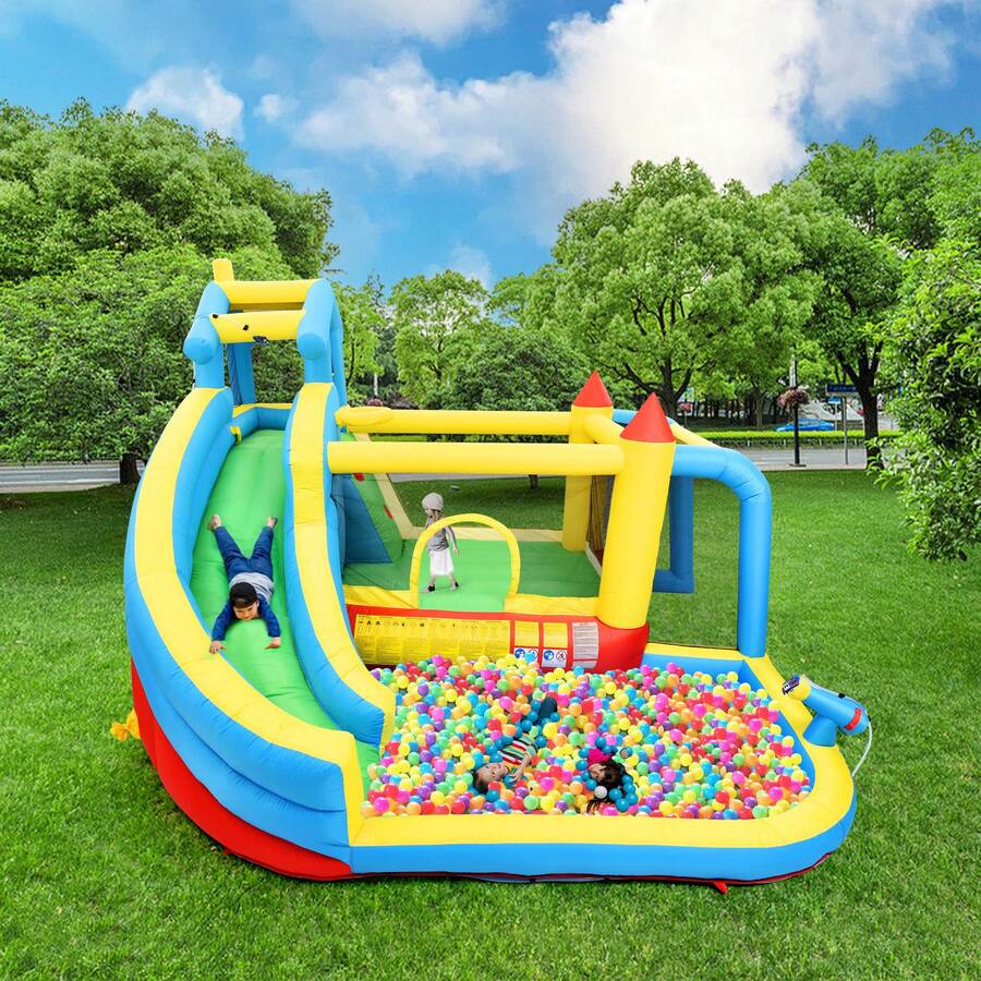 Castillo hinchable infantil, castillo hinchable 5 en 1 para niños de 3 a 10 años, castillo hinchable exterior con tobogán, zona de salto, piscina y portería de fútbol, tamaño hinchable: 364*315*239 cm - azul - Ver 1