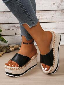 New Fashion Single Strap Wedge Sandals, Casual Slip-On, Outdoor Wedge Sandals, Anti-Slip Anti-Odor Lightweight Slippers, Valentine's Day Gift - Black - View 6
