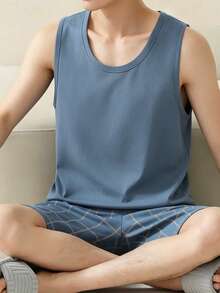 AICJ 男士纯色休闲宽松简约字母印花背心上衣、短裤睡衣套装，春夏款 - 藍色 - 查看 3