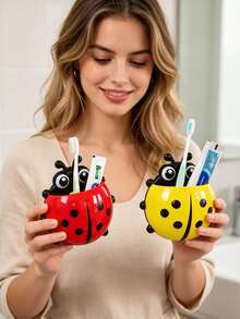 Portaspazzolino da parete carino a forma di coccinella a sette macchie con coperchio, organizer da bagno senza foratura, struttura robusta e durevole, design indipendente salvaspazio, scatola portaoggetti multifunzionale da bagno adatta anche come organizer da piano d'appoggio, compatibile con spazzolino elettrico, dentifricio, rasoio e altri articoli, design con parte superiore aperta, adatto per bagno, dormitorio scolastico e camper - Multicolore - Visualizzare 2