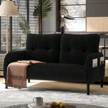 Sofá de dos plazas de pana con acolchado confortable, respaldo alto y bolsillos laterales, patas metálicas, bolsillos laterales integrados, suavidad acogedora y soporte óptimo, perfecto para espacios de relajación en la oficina en casa. - Negro - Ver 9