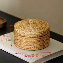 1pc 5.51*3.54 Inch Woven Drum-Shaped Storage Box With Lid, Japanese Style Bedroom Bedside Desk Mini Trash Can With Lid, Household Living Room Tea Table Woven Remote Control, Tea Canister, Nut Storage Basket - View 12