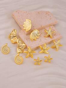 2/12PCS Anting Tusuk Gaya Laut Emas Seri Cocok untuk Pemakaian Sehari-hari di Pantai, Perjalanan Liburan, Hadiah Terbaik untuk Keluarga dan Teman - Emas - View 2