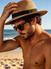 1pc Unisex Tape Decorated Bohemian Style Straw Hat, Suitable For Outdoor Leisure - Multicolor - View 1