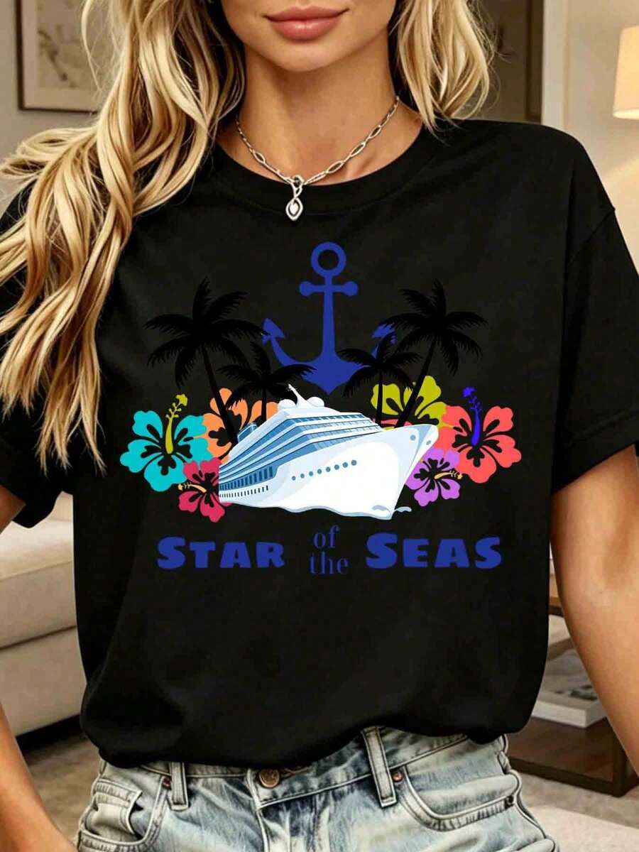 Women's Plus Size 220g Short-Sleeved Printed T-Shirt. Suitable For Casual Wear And Spring And Summer Holidays. - 黑色 - 查看 1