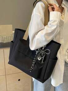 Bolso Bandolera de Gran Capacidad de unicolor y Elegante, Bolso Tote Versátil para Estudiantes, Clases, Desplazamientos y Salidas - Negro - Ver 3