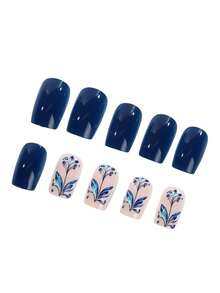 24pcs Medium European Square Fake Nails, Royal Blue And Silver Floral Contrast, Elegant And Exquisite, Brightening And Skin-Flattering, Full Coverage Removable Women's Manicure Set, Suitable For Parties, Balls And Daily Wear - Blue - View 3