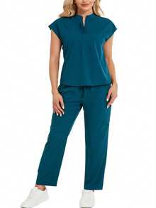 cimmuovere Plus Size Stand Collar Sleeveless Loose Top And Practical Multi-Pocket Pants Suit, Scrubs Set For Healthcare Workers Spring - Dark Green - View 5