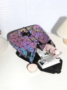 New Colorful Geometric Glow-In-The-Dark Backpack, Diamond Pattern Large Capacity Gradient Travel School Bag, Fashion Minimalist Backpack, Unisex Exquisite Small Backpack, Color-Changing Under Different Light Intensities - Dark Wash - View 11