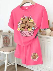 2pcs/Set Teenage Girls Round Neck Short Sleeve T-Shirt With Capybara Print + Cartoon Shorts, Summer Girls Outfit - Hot Pink - View 1