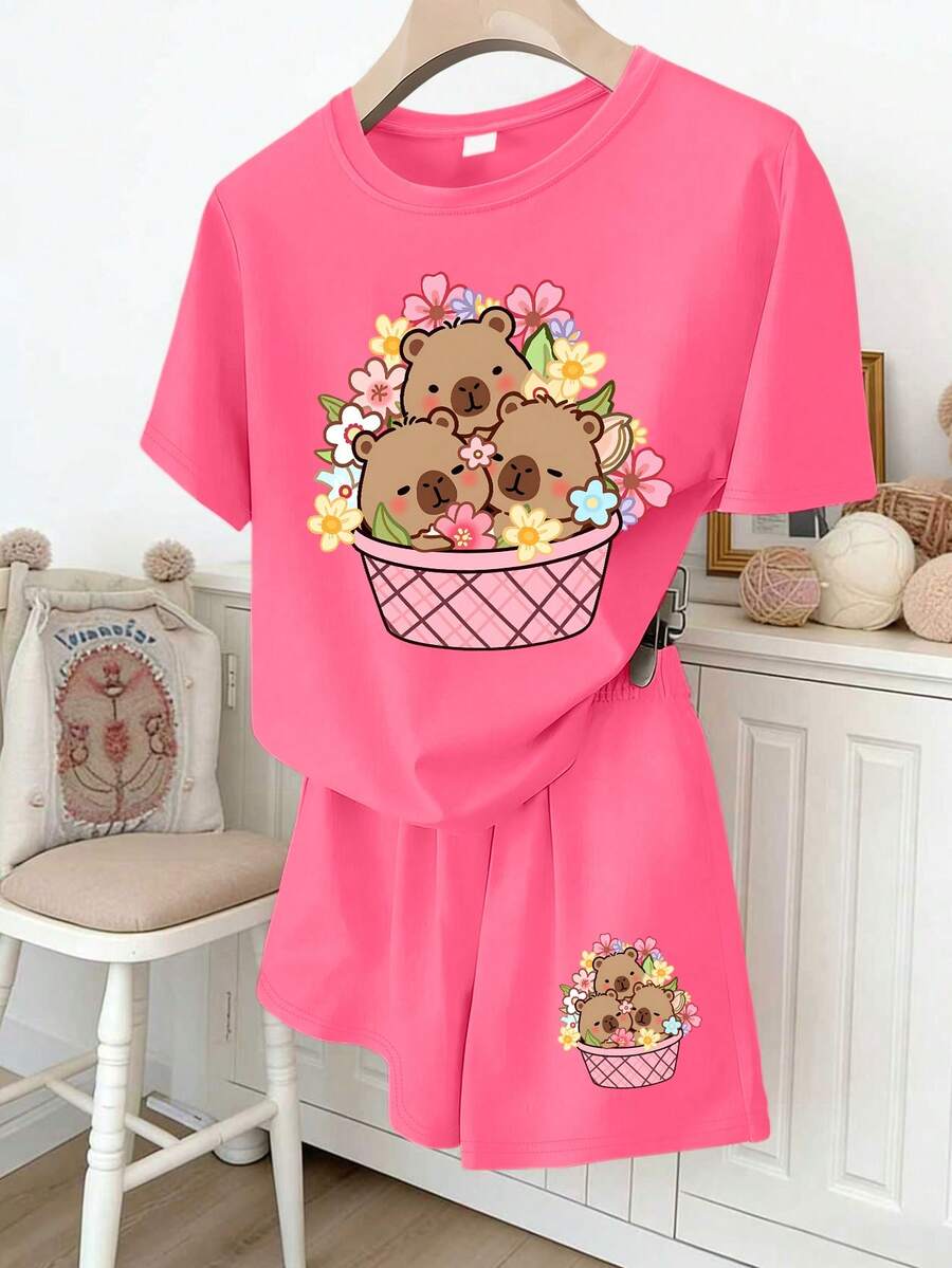 2pcs/Set Teenage Girls Round Neck Short Sleeve T-Shirt With Capybara Print + Cartoon Shorts, Summer Girls Outfit - Hot Pink - View 1