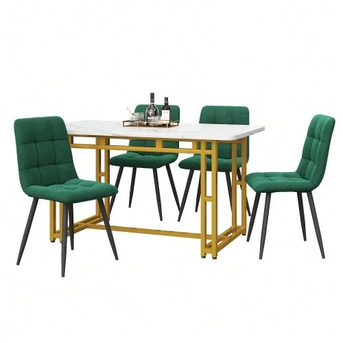 Gold Dining Table 120 X 70 Cm With 4 Matching Chairs, Modern Kitchen Table And Chair Set, Dark Green Velvet Chairs, Table With Gold Iron Legs - Dark Green - View 1