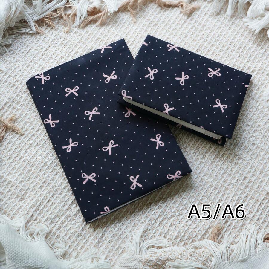 Black Base Pink Bow & Polka Dot Fabric Book Sleeve, Reusable Cloth Notebook Cover, Fits A5 & A6 Journals, Decorative Planner Protector,Back To School