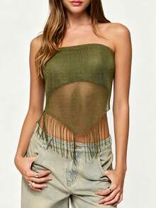 Women Belly Dance KnittingTassel Hip Scarf Triangle Belt Wrap Skirts Music Festival Sheer Mesh Waist Chain - 軍綠色 - 查看 3