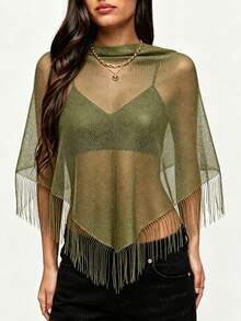 Women Belly Dance KnittingTassel Hip Scarf Triangle Belt Wrap Skirts Music Festival Sheer Mesh Waist Chain - 軍綠色 - 查看 2