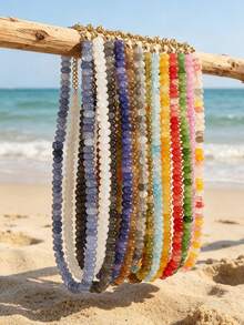 1pc European & American Bohemian Faux Stone Abacus Bead Beaded Necklace With Stainless Steel 18K Gold Plated Accessories, For Summer Beach Holiday - Handmade Beaded Faux Stone Stainless Steel Necklace - View 2