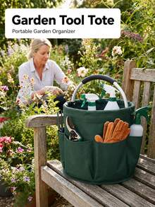 1pc Rustic Solid Color Garden Tool Tote, Round Bucket Shape With 6 Side Pockets & Padded Metal Handle, Foldable Oxford Cloth Storage Bag, Large Capacity Organizer For Home Gardening, - A - View 2