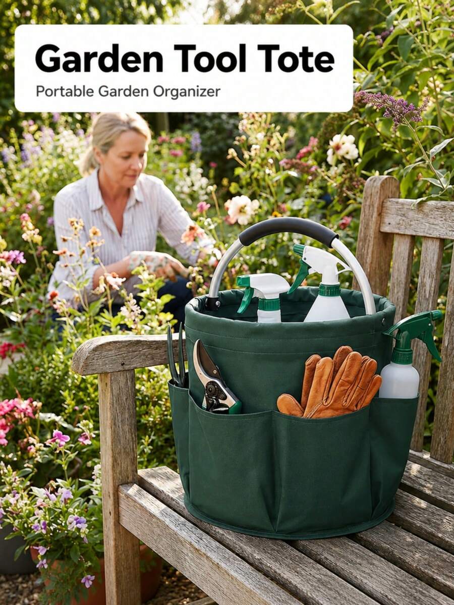 1pc Rustic Solid Color Garden Tool Tote, Round Bucket Shape With 6 Side Pockets & Padded Metal Handle, Foldable Oxford Cloth Storage Bag, Large Capacity Organizer For Home Gardening,