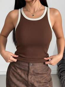 1pc Women's Basic Minimalist Casual Contrast Trim Ribbed Knit Tank Top, Round Neck Sleeveless Slim Fit Brown Camisole - Coffee Brown - View 4