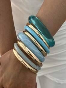 8/4件組復古優雅休閒女款金屬素面鐵片與藍色壓克力手鍊，適合日常、派對、度假等多種場合，送禮首選 - 彩色 - 查看 4
