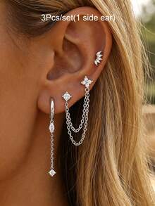 3pcs/Set Women's Fashion Long Chain Clover Stud Earrings, Daily Casual Jewelry Accessories - 3Pcs/set(1 Side Ear) - View 9