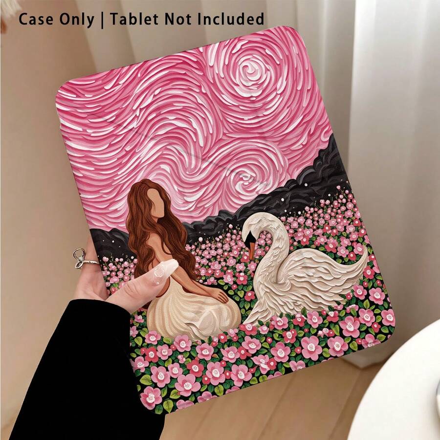 Pink Swirl, Flower And Swan, Girl Pattern Painted Effect Tablet Protective Case With Stand, Compatible With Honor 8/9/10/X8/X8A/X9/X8Pro/X9Pro, MatePad SE 11 Inch/MatePad 11 Inch/11.5 Inch, MatePad Pro, Apple 10th/11th Gen 2025 (A16), Galaxy Tab A7/A9 And Other Popular Models - Multicolor - View 1